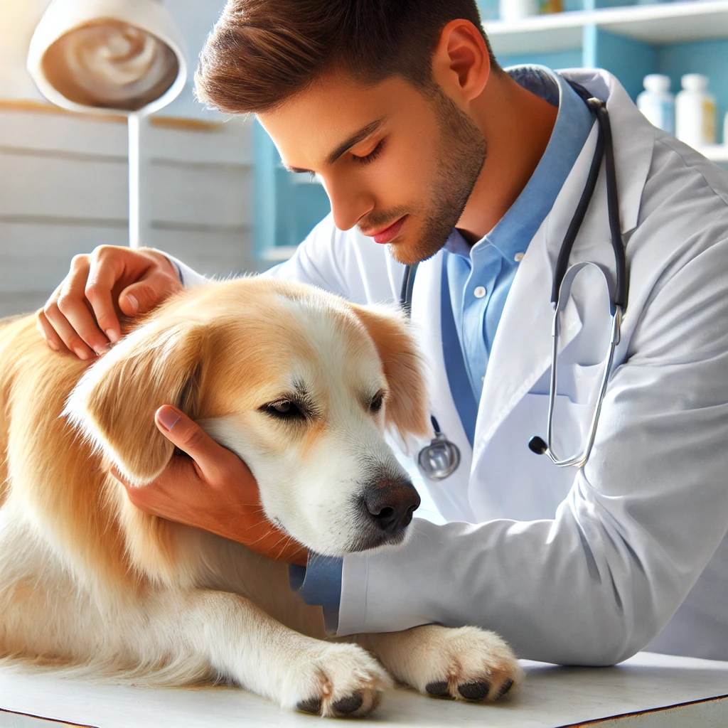 Elevage des Chienmourais 4 DALL·E 2025 03 19 11.48.35 A peaceful and inspiring image of a dog receiving a veterinary check up with a caring veterinarian gently examining the dog. The theme should focus o