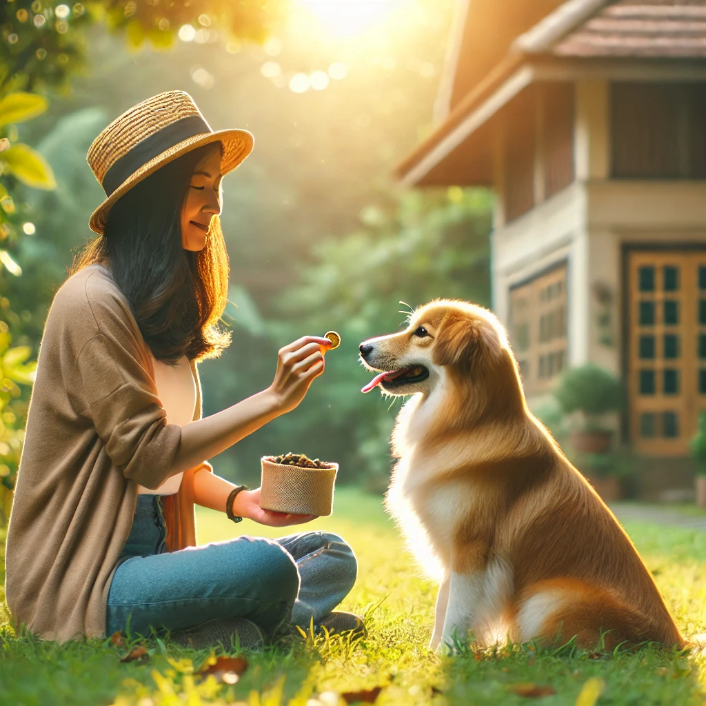 Elevage des Chienmourais 3 DALL·E 2025 03 19 11.48.38 A charming and educational image of a dog being trained by its owner in a calm and positive environment. The dog should be learning basic commands lik