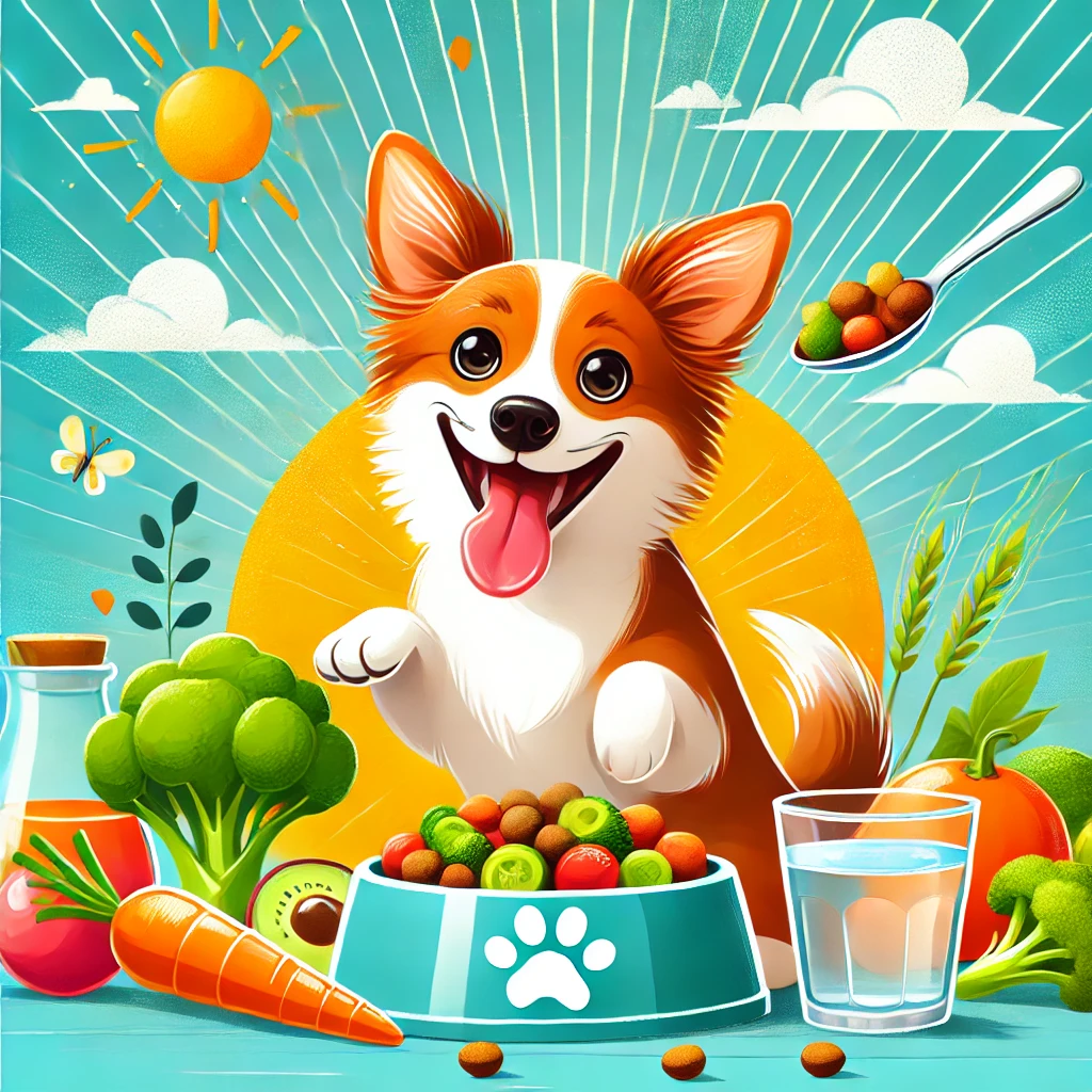 Elevage des Chienmourais 5 DALL·E 2025 03 19 11.48.55 A vibrant and engaging image of a happy dog enjoying a healthy meal with a bowl of premium dog food fresh vegetables and a water bowl nearby showca