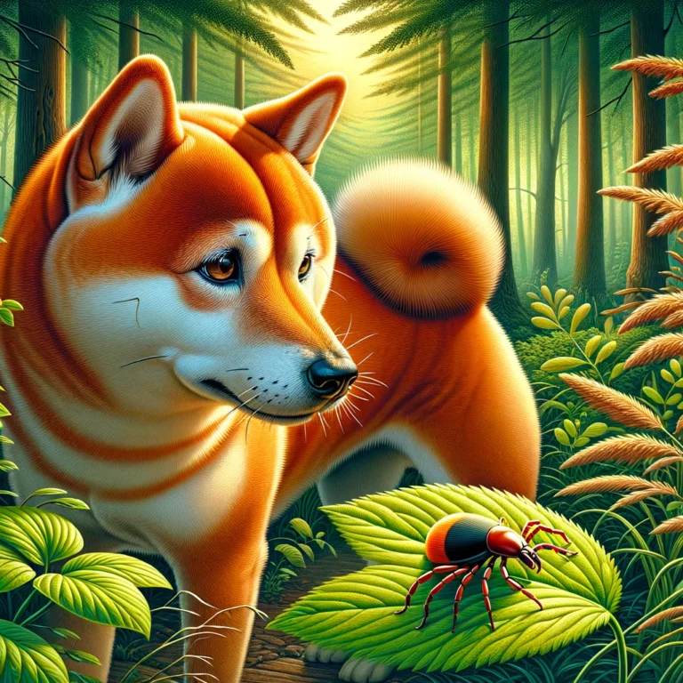 DALL·E 2025-03-26 14.18.41 - A detailed and realistic illustration of a Shiba Inu dog in a lush forest, surrounded by tall grass and trees. The dog looks alert, sniffing the air, DALL·E 2025 03 26 14.18.41 A detailed and realistic illustration of a Shiba Inu dog in a lush forest surrounded by tall grass and trees. The dog looks alert sniffing the air Le danger des tiques pour chien